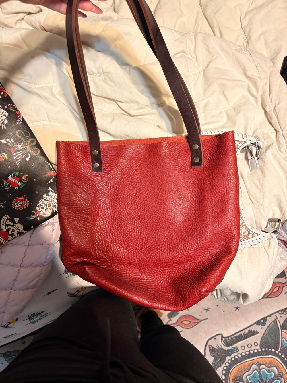 Portland Leather Red Tote with Dark Brown Handles